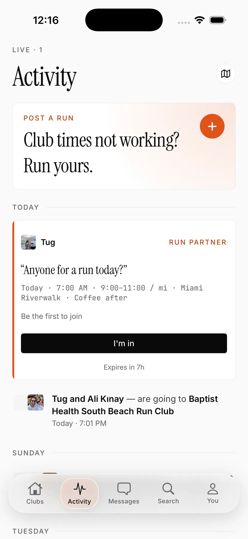 ODDS Running activity tab with a Run Partner post